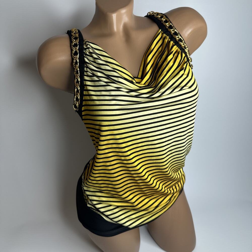 YoYo 5 Yellow Striped Cowl Neck Top M Chain Strap Y2K Clubwear McBling Made USA